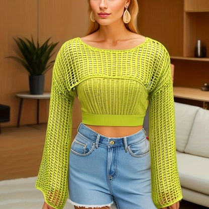 Y2K Hollow Out Crop Sweater, Long Sleeve Casual Sweater For Spring & Fall, Women's Clothing