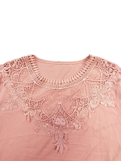Plus Size Casual Top, Women's Plus Solid Contrast Lace Bell Sleeve Round Neck Medium Stretch Top