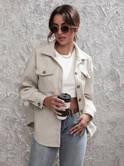 gbolsos  Solid Simple Shacket Jacket, Casual Button Front Long Sleeve Outerwear, Women's Clothing