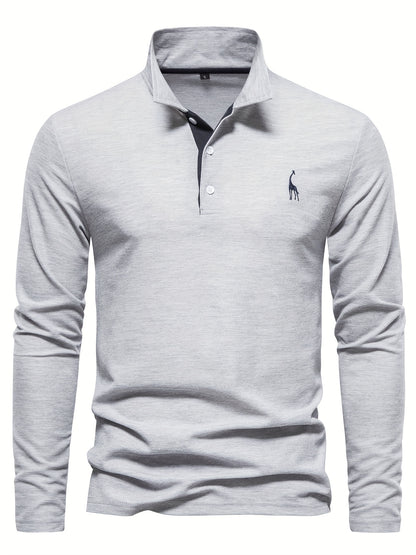 gbolsos  Men's Solid Giraffe Embroidery Long Sleeve Tennis Shirts, Slight Stretch All-match Fashion Men's Top
