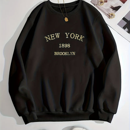 New York Brooklyn Print Loose Sweatshirt, Casual Long Sleeve Crew Neck Sweatshirt, Women's Clothing