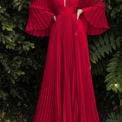 gbolsos  Plus Size Solid Pleated Bridesmaid Dress, Elegant V-neck Flare Sleeve Maxi Dress For Wedding Party, Women's Plus Size Clothing