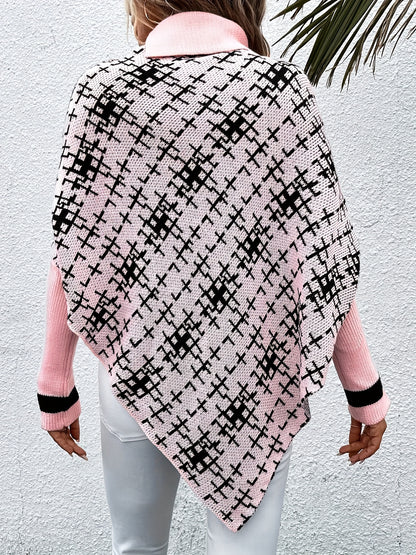 gbolsos  Plaid Pattern Turtle Neck Cape Sweater, Casual Batwing Sleeve Asymmetrical Hem Sweater, Women's Clothing