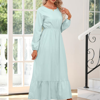 gbolsos  Elegant Crew Neck Draped Extra-long Dress, Casual Long Sleeve Solid Elastic Waist Ruffle Hem Party Long Dresses, Women's Clothing