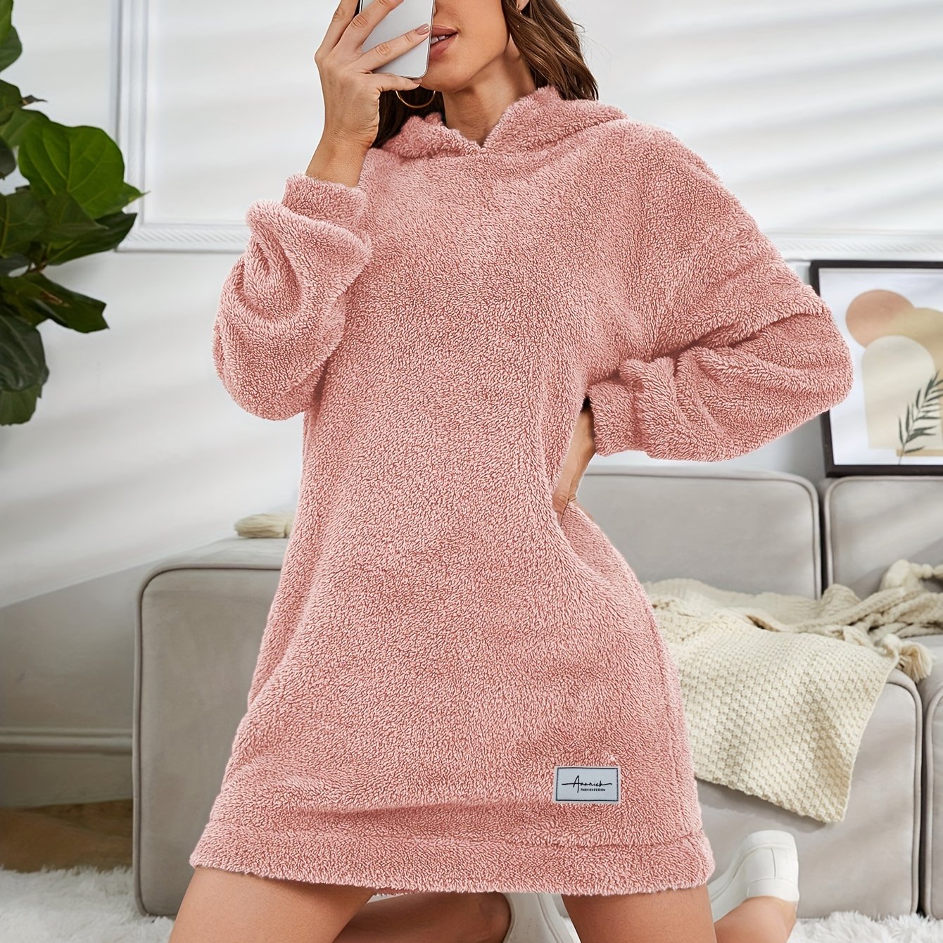 Hooded Teddy Dress, Casual Long Sleeve Simple Warm Dress, Women's Clothing