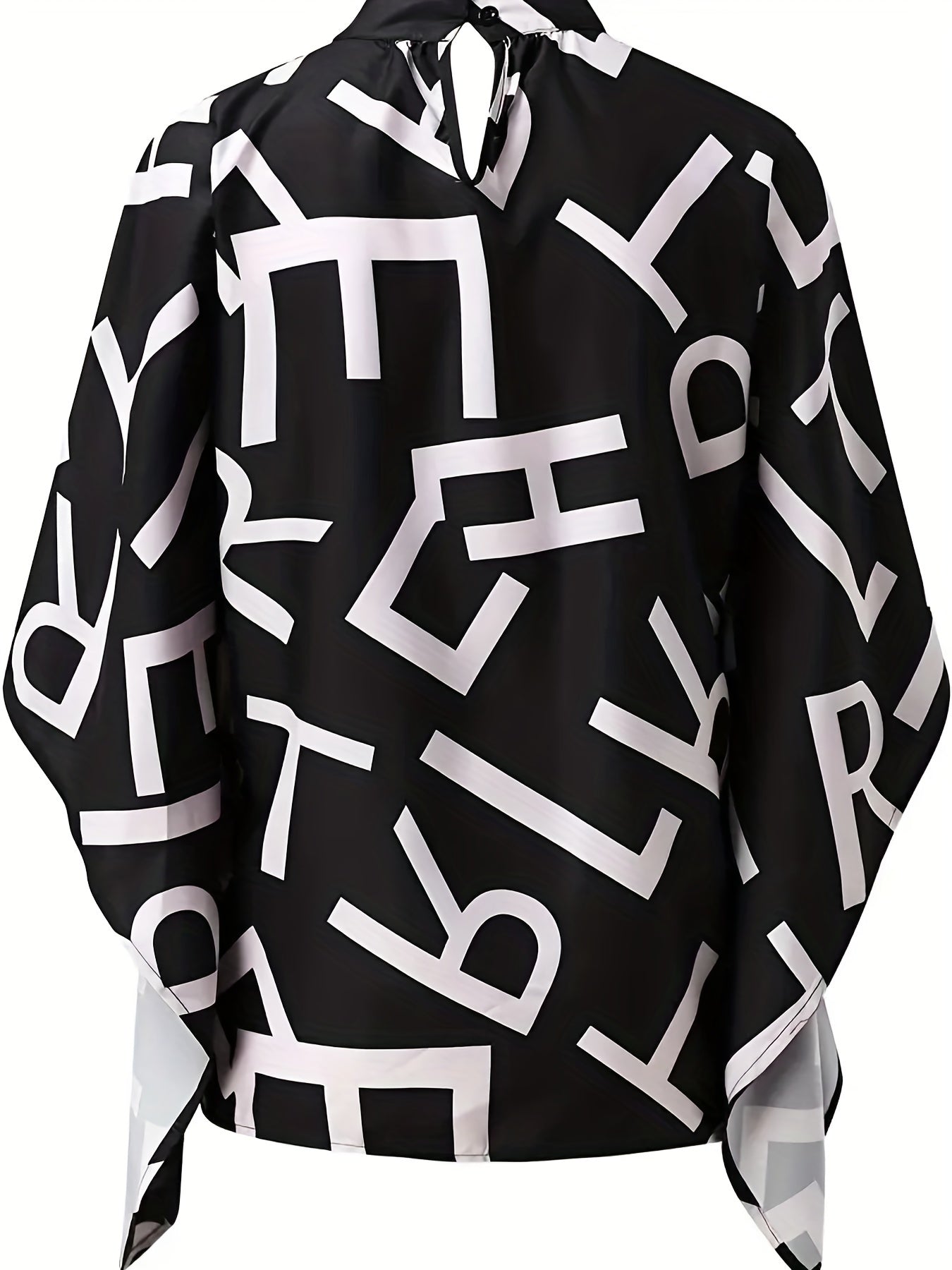 gbolsos  Plus Size Elegant Blouse, Women's Plus Letter Print Bat Sleeve Mock Neck Slight Stretch Blouse