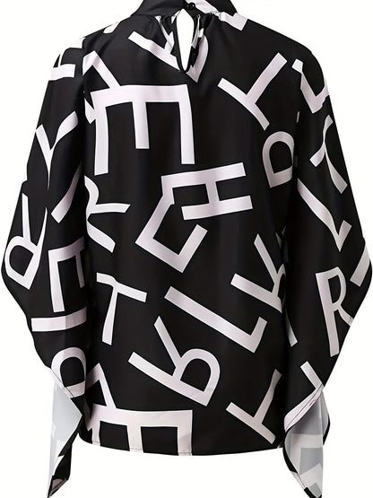 gbolsos  Plus Size Elegant Blouse, Women's Plus Letter Print Bat Sleeve Mock Neck Slight Stretch Blouse