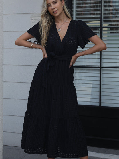 gbolsos  Solid High Waist Dress, Casual Surplice Neck Short Sleeve Maxi Dress, Women's Clothing