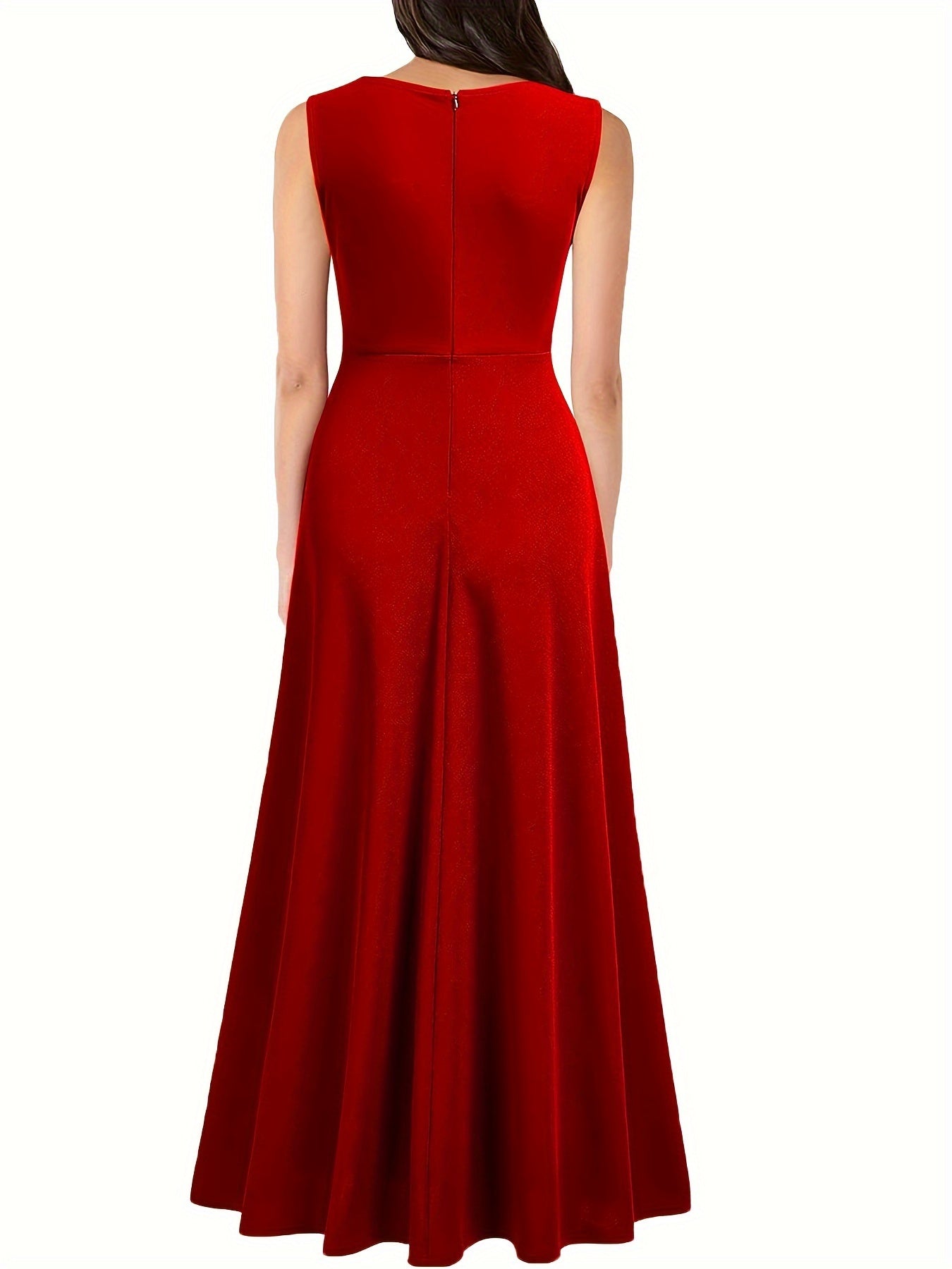gbolsos  Solid Sleeveless Split Hem Tank Dress, Elegant V Neck Cinched Waist A-line Dress, Women's Clothing