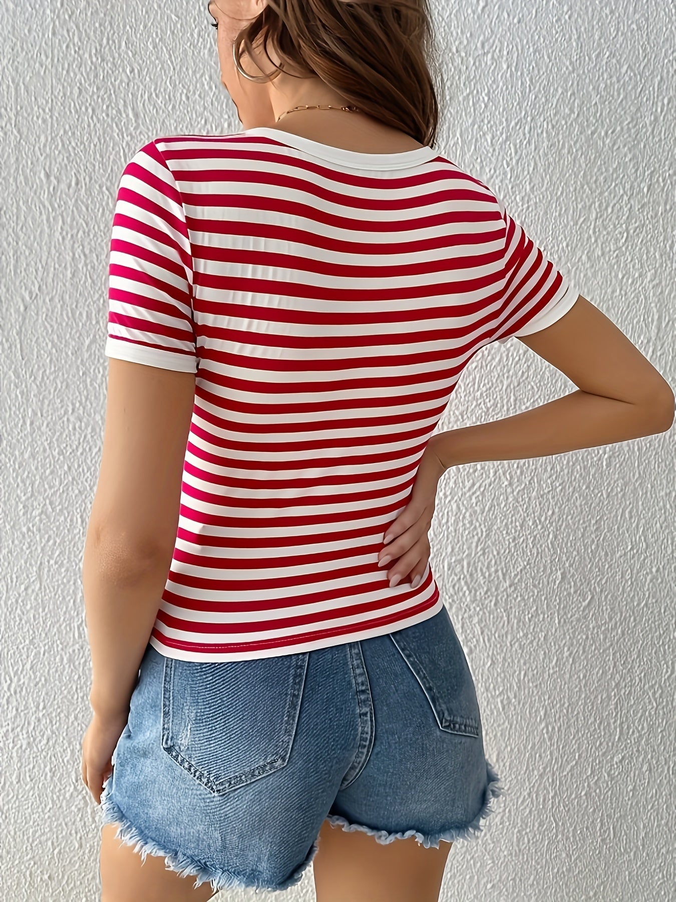 gbolsos  Striped & Heart Print T-shirt, Casual Split Crew Neck Short Sleeve Summer T-shirt, Women's Clothing