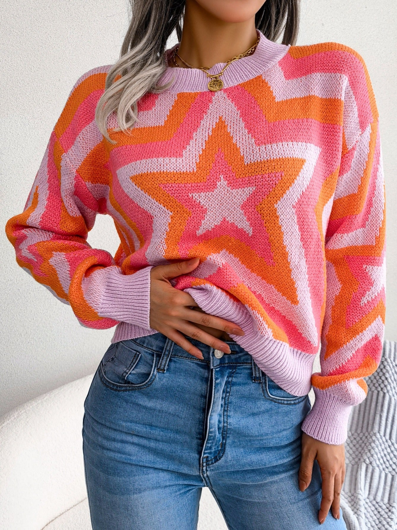 2025 gbolsos  Women's Sweater Drop Shoulder Crew Neck Colorblock Star Print Pullover Sweater