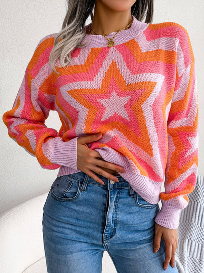 2025 gbolsos  Women's Sweater Drop Shoulder Crew Neck Colorblock Star Print Pullover Sweater