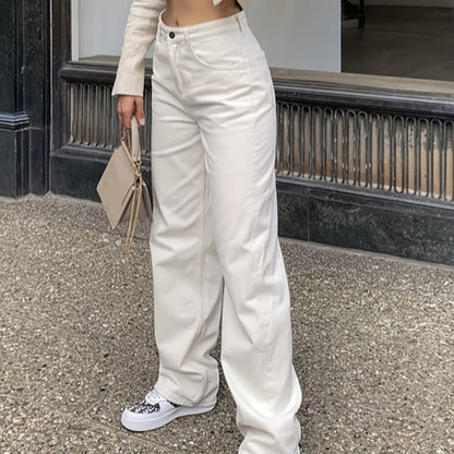 gbolsos  Mid Rise Baggy Loose Fit Straight Lets Long Plicated Hem Solid Color Y2k Trousers Boyfriend Jeans, Women's Denim Jeans, Women's Clothing