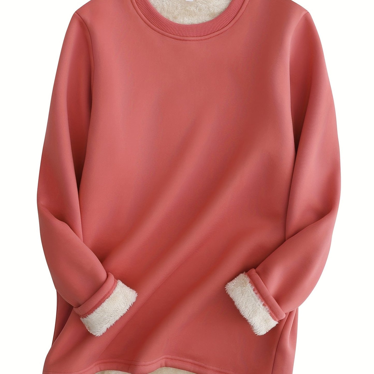 Solid Fleece Sweatshirt, Casual Long Sleeve Crew Neck Sweatshirt For Fall & Winter, Women's Clothing