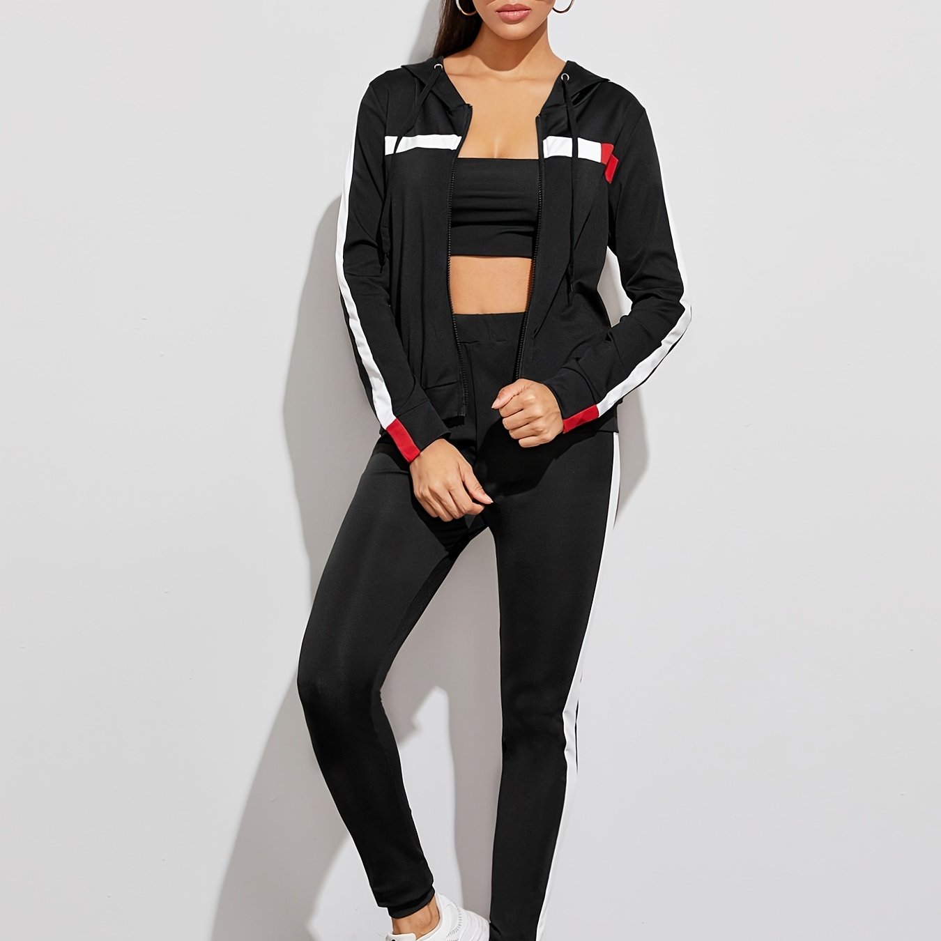 Casual 2pc Set, Zip Up Hoodies Sweatshirt & High Waist Side Striped Sweatpants, Women's Clothing