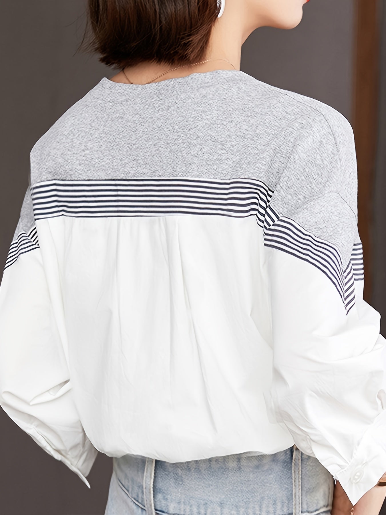 gbolsos  Striped Stitching Blouse, V Neck Long Sleeve Blouse, Elegant & Stylish Tops For Office & Work, Women's Clothing