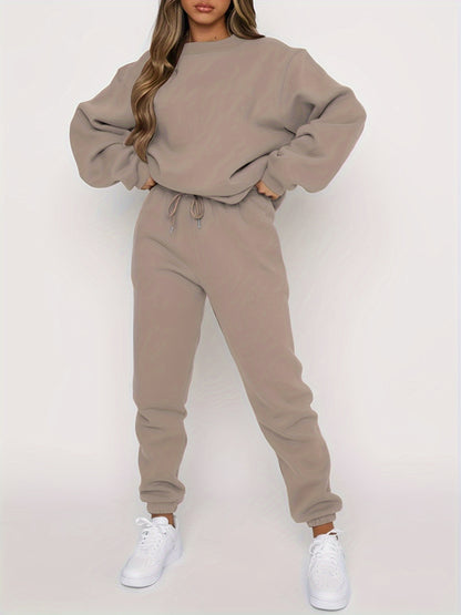 gbolsos  Solid Casual Two-piece Set, Crew Neck Long Sleeve Tops & Drawstring Jogger Pants Oufits, Women's Clothing