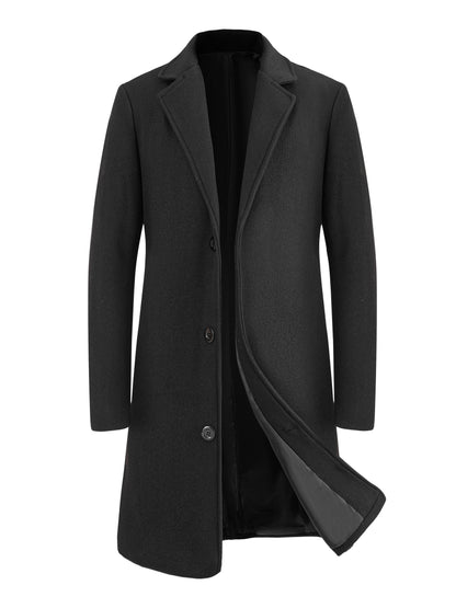 gbolsos  Classic Design Warm Coat, Men's Semi-formal Mid Length Button Up Lapel Coat For Fall Winter Business