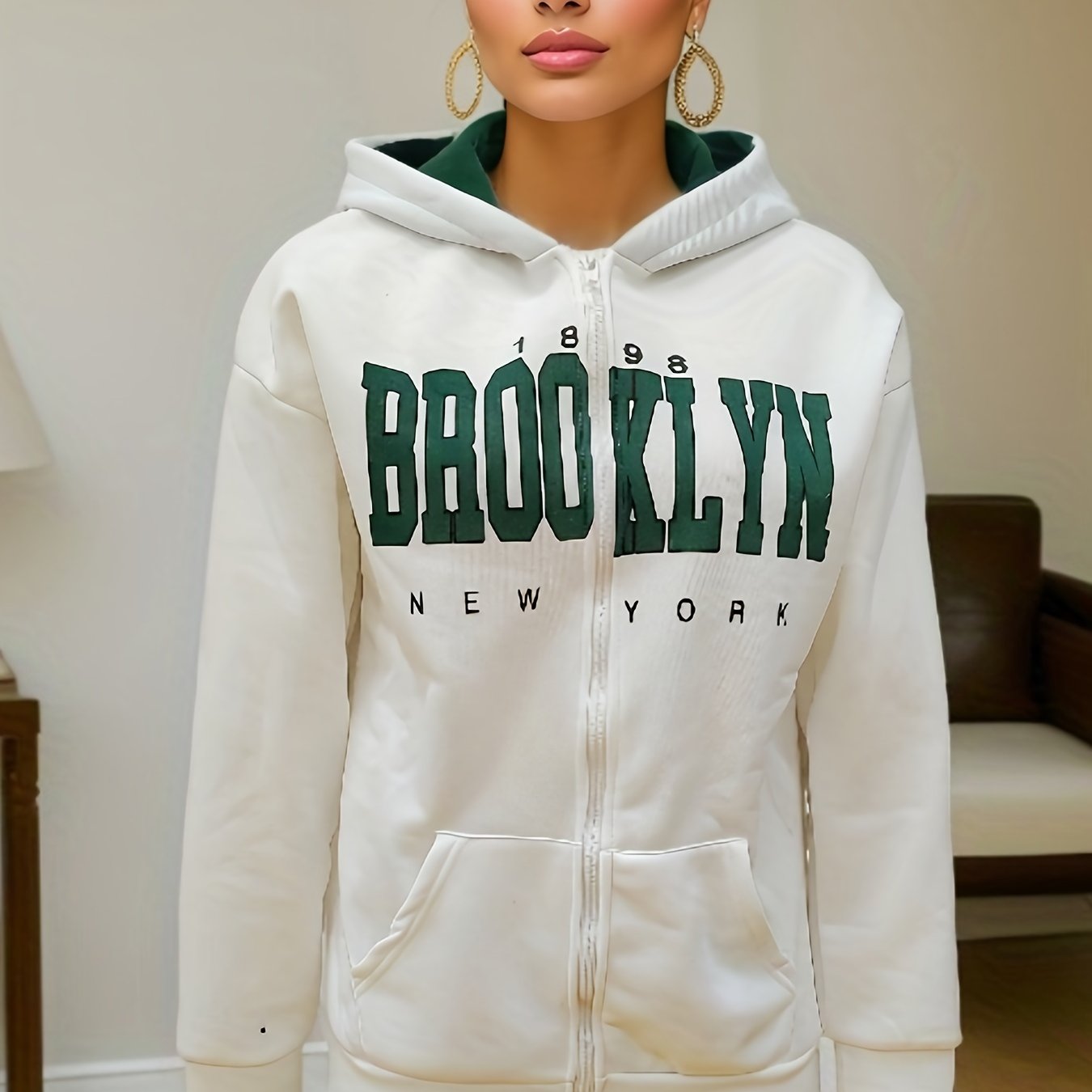 gbolsos  Letter Print Zip Up Hoodie, Casual Long Sleeve Hoodies Sweatshirt, Women's Clothing