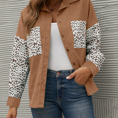 gbolsos  Corduroy Leopard Print Stitching Coat, Casual Lapel Long Sleeve Button Down Fashion Loose Outerwear, Women's Clothing