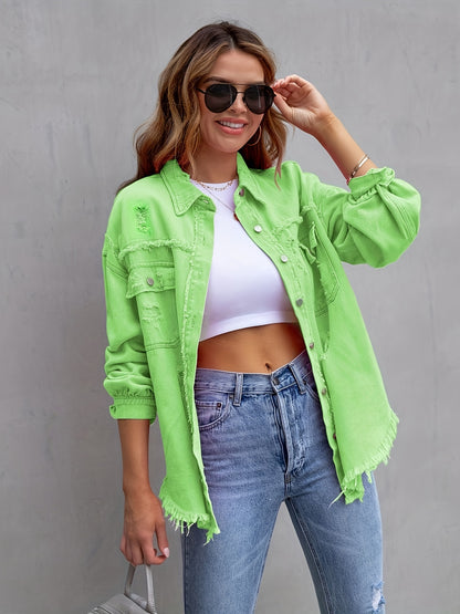 gbolsos  Ripped Raw Edge Oversized Denim Jacket, Distressed Collar Long Sleeves Denim Coat, Flap Pockets Single-breasted Button Up Loose Denim  Jacket, Women's Denim Jeans & Clothing