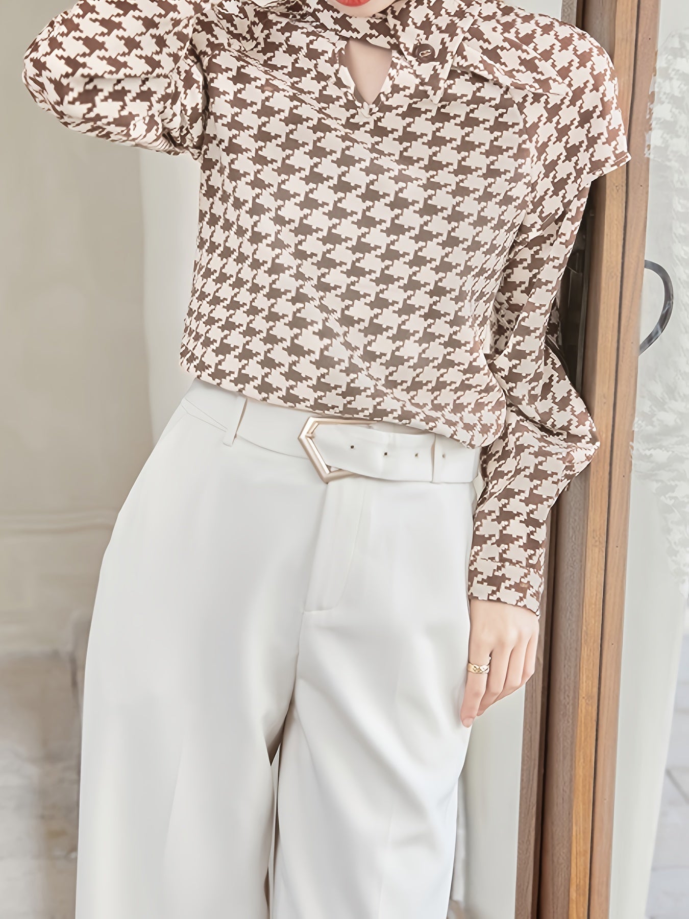 gbolsos  Houndstooth Print Shirt, Elegant Stand Collar Long Sleeve Shirt, Women's Clothing