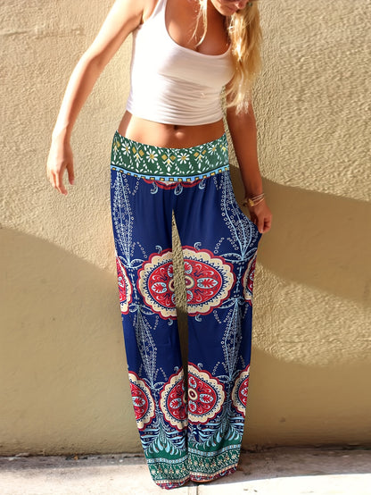Floral Print Mid Waist Wide Leg Pants, Casual Beach Loose Summer Pants, Women's Clothing