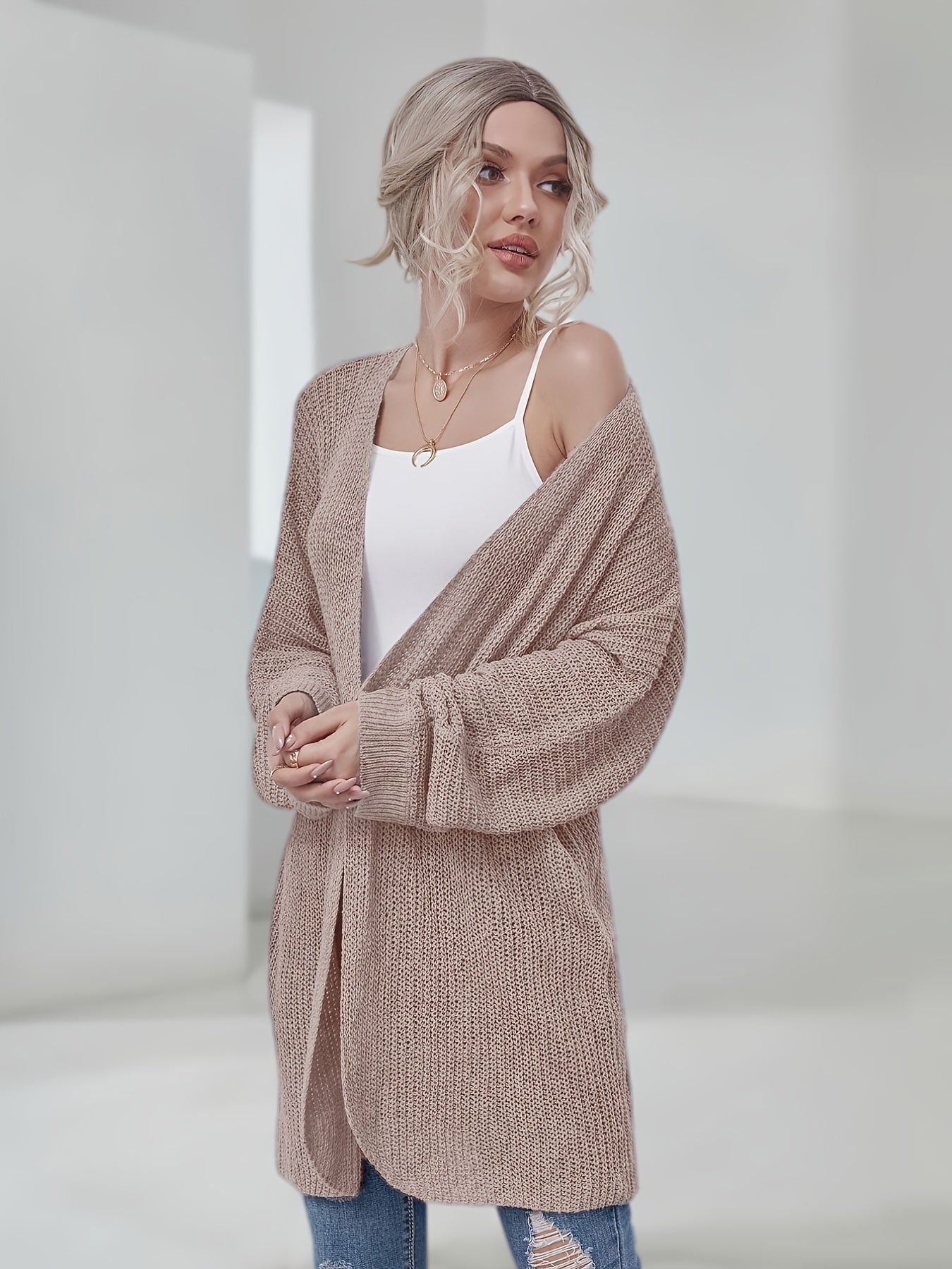 2025 gbolsos  V-neck Loose Solid Cardigans, Casual Long Sleeve Fall Winter Knit Cardigan, Women's Clothing