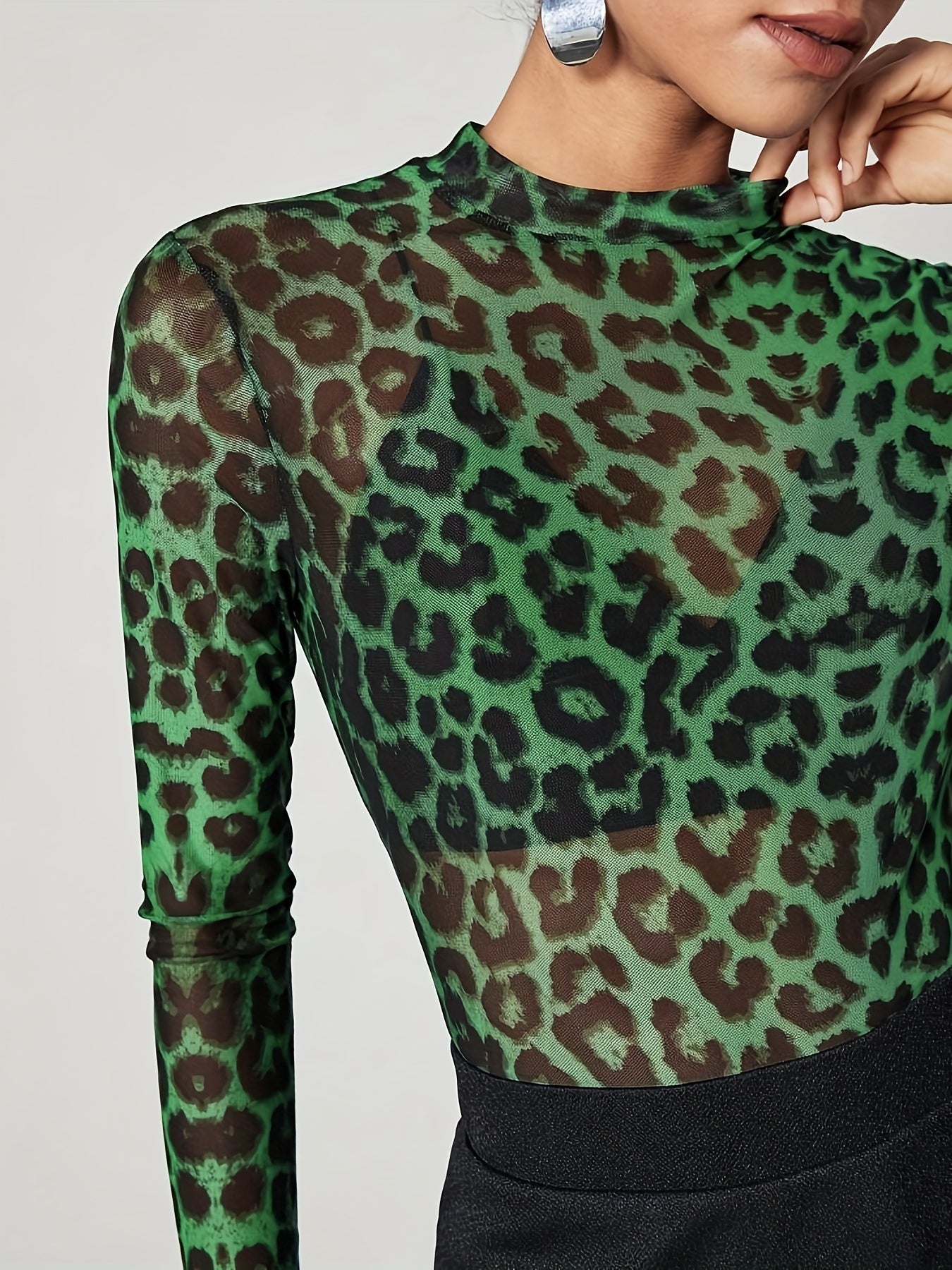 gbolsos  Leopard Print Crew Neck T-Shirt, Y2K Long Sleeve Skinny T-Shirt For Every Day, Women's Clothing