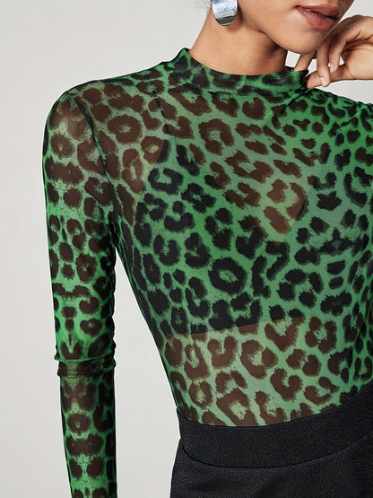 gbolsos  Leopard Print Crew Neck T-Shirt, Y2K Long Sleeve Skinny T-Shirt For Every Day, Women's Clothing
