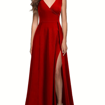 gbolsos  Solid Sleeveless Split Hem Tank Dress, Elegant V Neck Cinched Waist A-line Dress, Women's Clothing