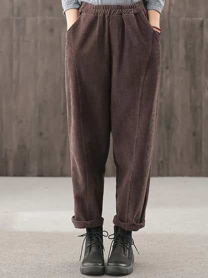 gbolsos  Solid Color Tapered Pants, Casual Elastic Waist Slant Pockets Loose Pants, Women's Clothing