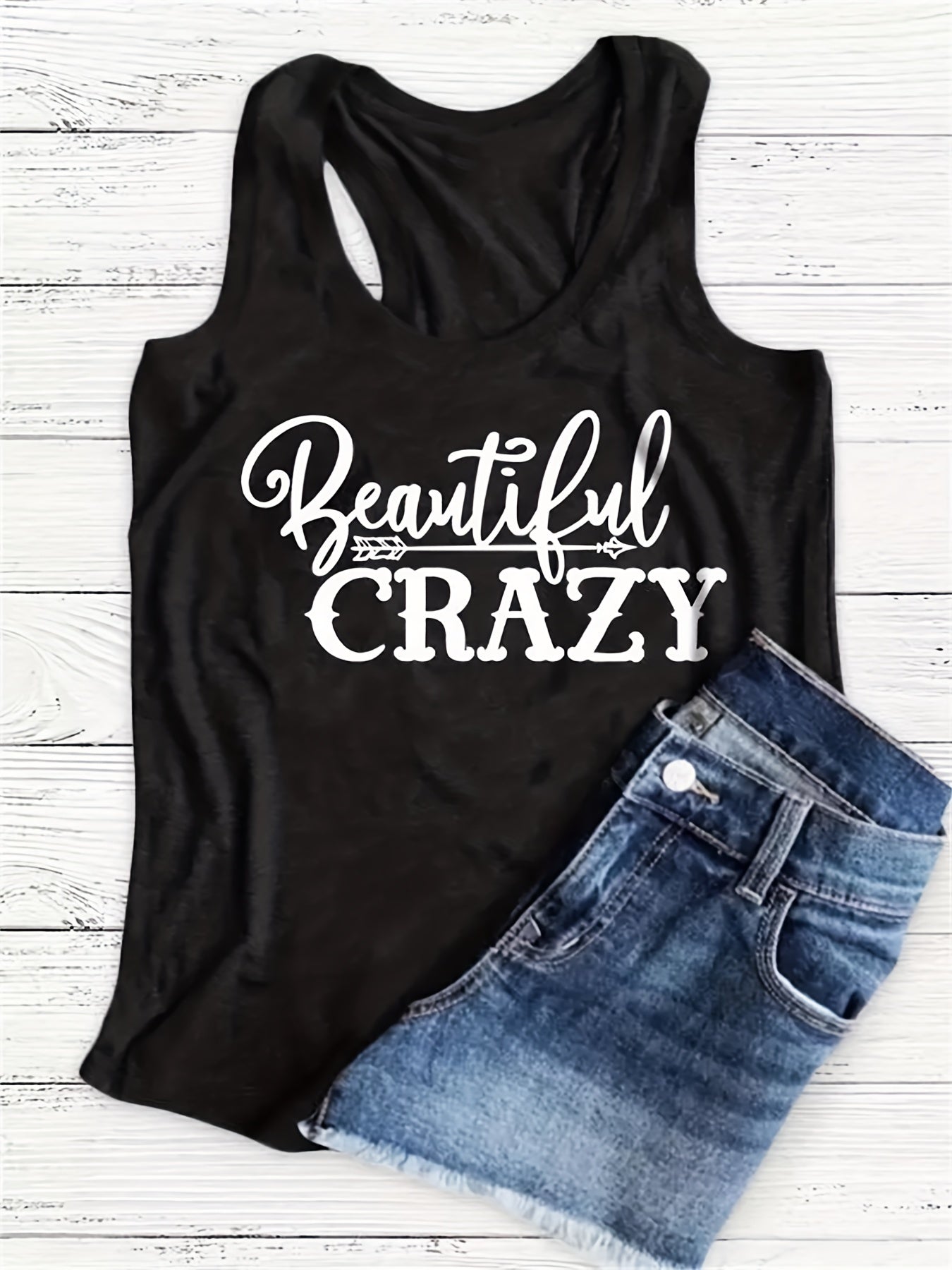 gbolsos  Letter Print Tank Top, Casual Scoop Neck Sleeveless Summer Tank Top, Women's Clothing
