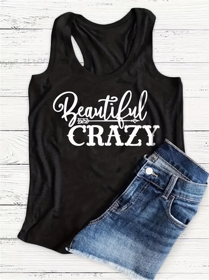 gbolsos  Letter Print Tank Top, Casual Scoop Neck Sleeveless Summer Tank Top, Women's Clothing