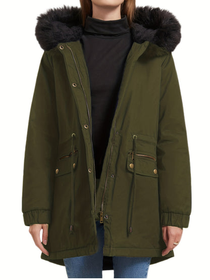 gbolsos  Fluffy Trim Zip Up Jacket, Casual Long Sleeve Drawstring Winter Warm Outerwear, Women's Clothing
