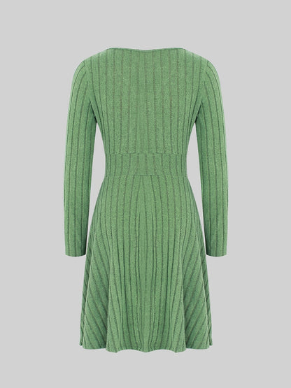 Solid Bodycon Ribbed Dress, Casual V Neck Long Sleeve Dress, Women's Clothing