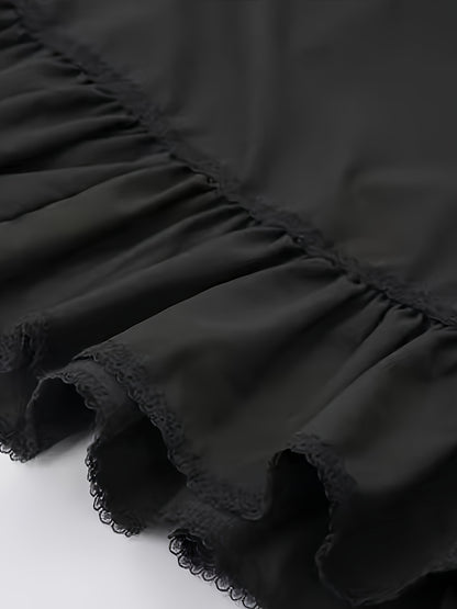 gbolsos  Solid High Waist Button Decor Skirt, Casual A-line Ruffle Hem Lace Up Skirt, Women's Clothing