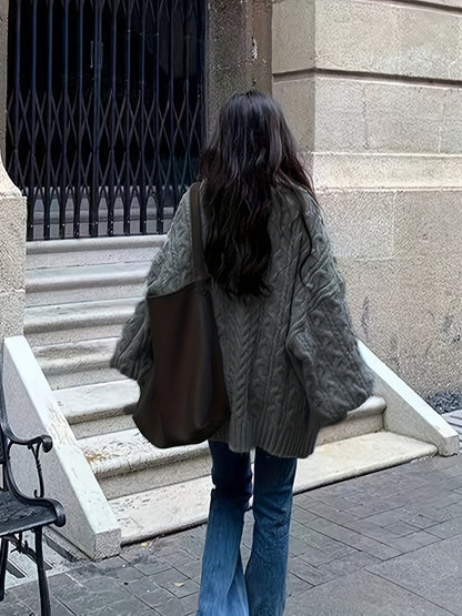 gbolsos  Solid Chunky Cable Knit Pullover Sweater, Vintage Long Sleeve Thick Oversized Sweater, Women's Clothing
