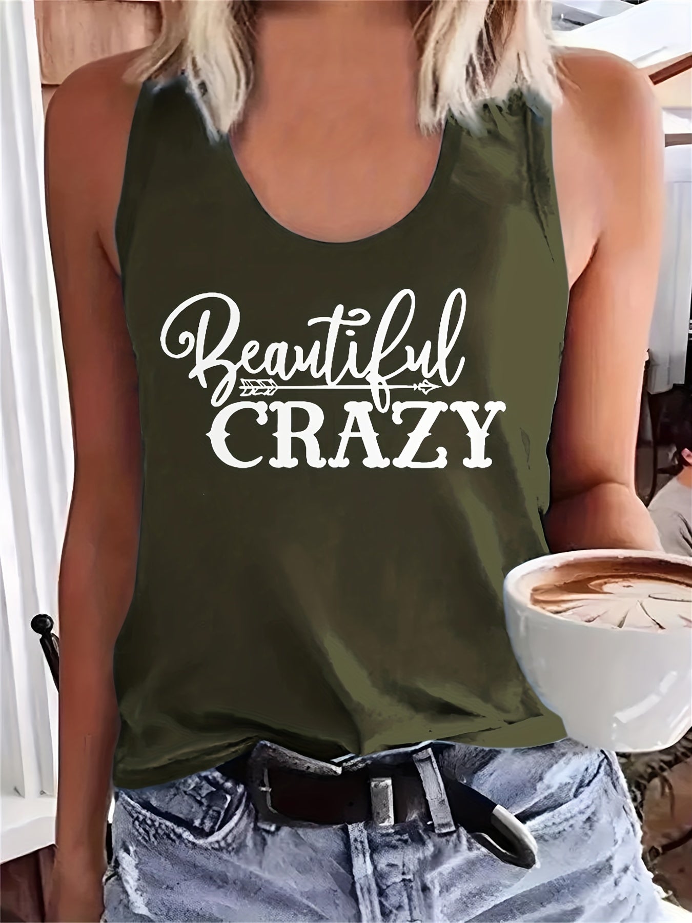 gbolsos  Letter Print Tank Top, Casual Scoop Neck Sleeveless Summer Tank Top, Women's Clothing