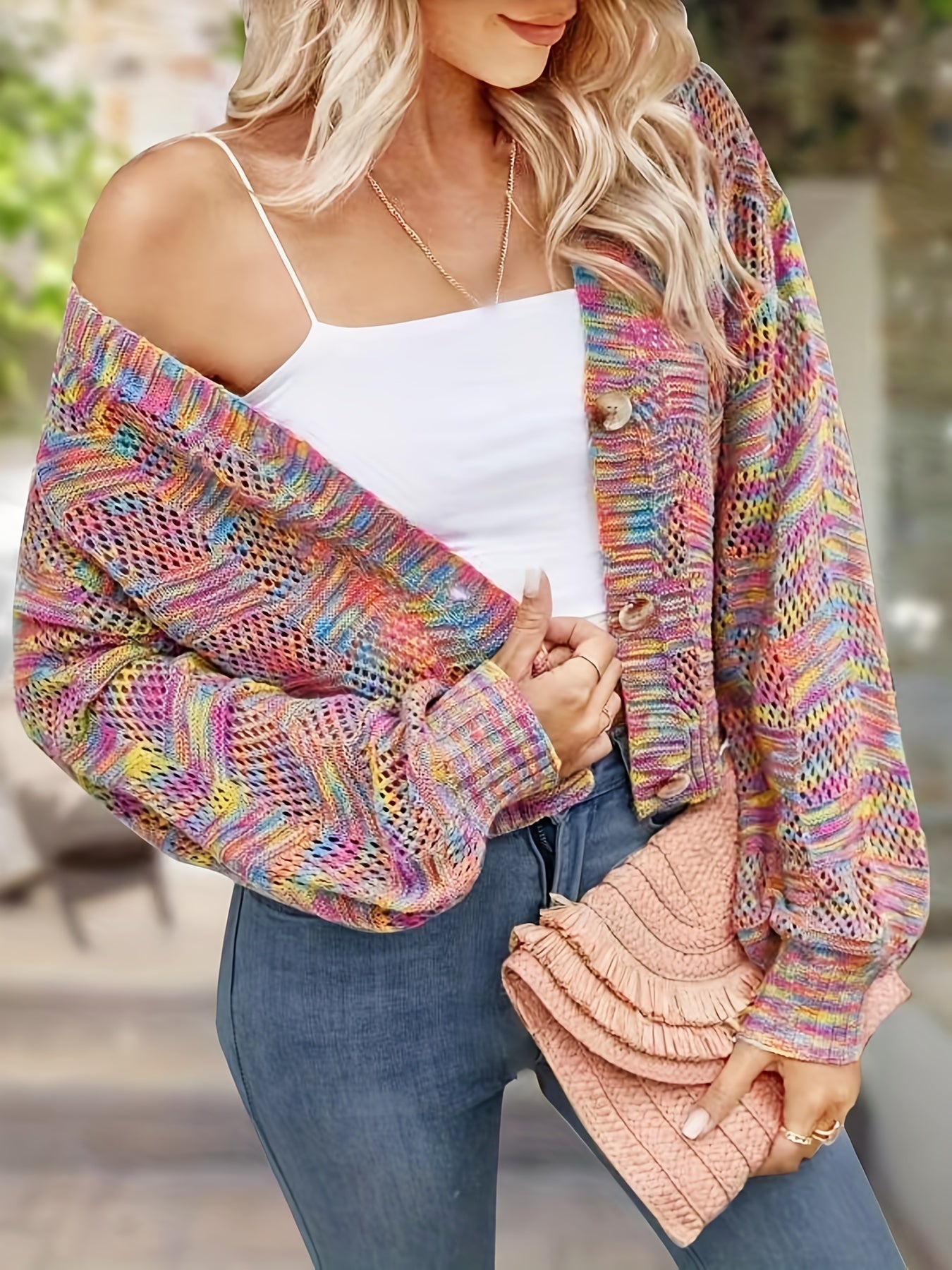 Tie Dye Button Front Knit Cardigan, Casual V Neck Long Sleeve Sweater, Women's Clothing