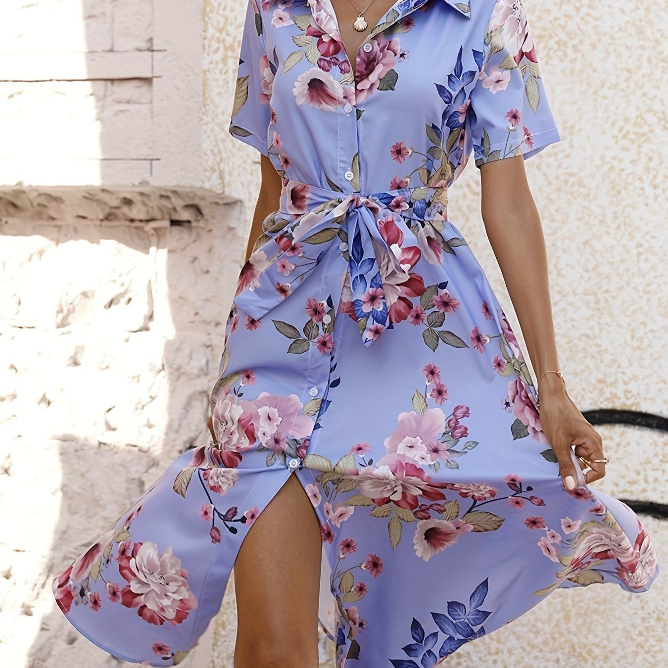 gbolsos  Floral Print Shirt Dress, Boho Button Front Short Sleeve Dress, Women's Clothing