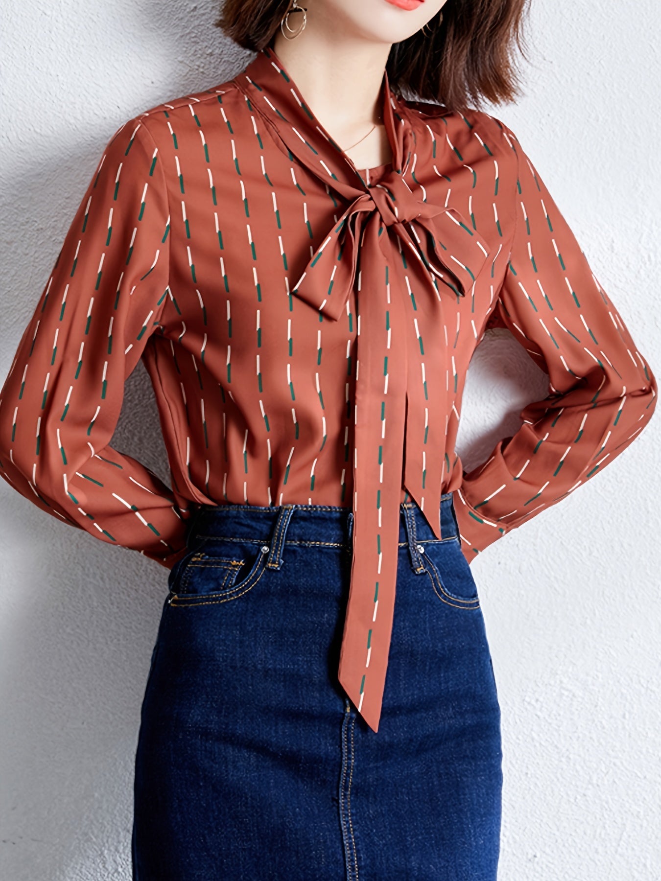 gbolsos  Bow Tie Striped Blouse, Elegant Long Sleeve Stand Collar Blouse, Women's Clothing