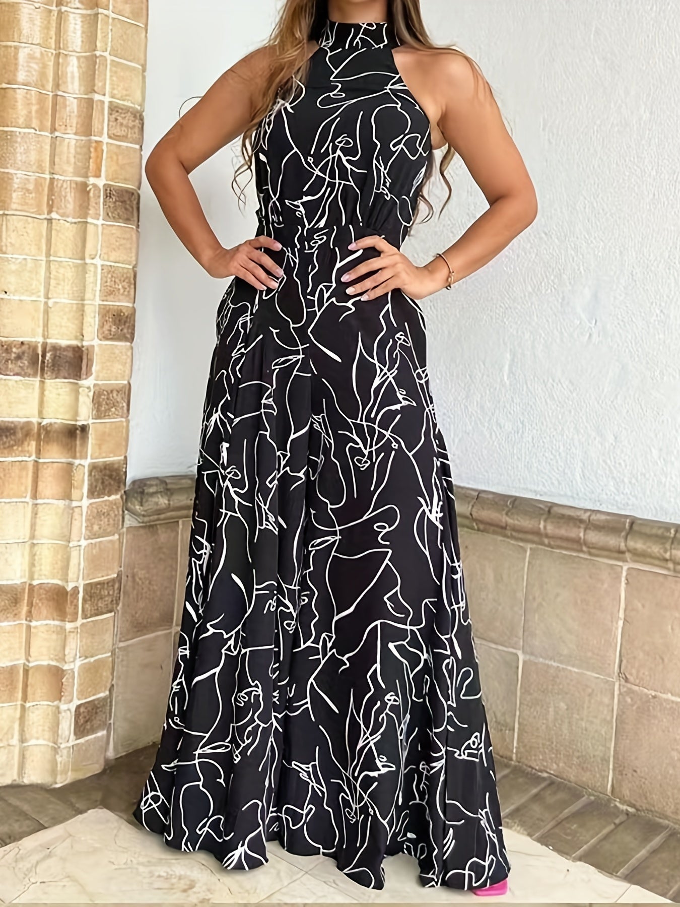 gbolsos  Abstract Print Wide Leg Jumpsuit, Elegant Sleeveless Jumpsuit For Spring & Summer, Women's Clothing