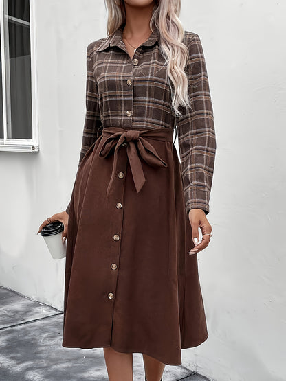 gbolsos Plaid Print Button Front Splicing Dress, Elegant Long Sleeve Dress, Women's Clothing