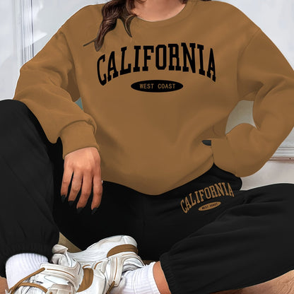 gbolsos  California Print Casual Two-piece Set, Long Sleeve Sweatshirt & Elastic Waist Sweatpants Outfits, Women's Clothing