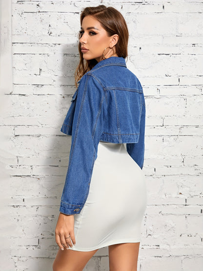 gbolsos  Blue Flap Detail Denim Jackets, Long Sleeves Non-Stretch Cropped Lapel Denim Coats, Women's Denim Clothing