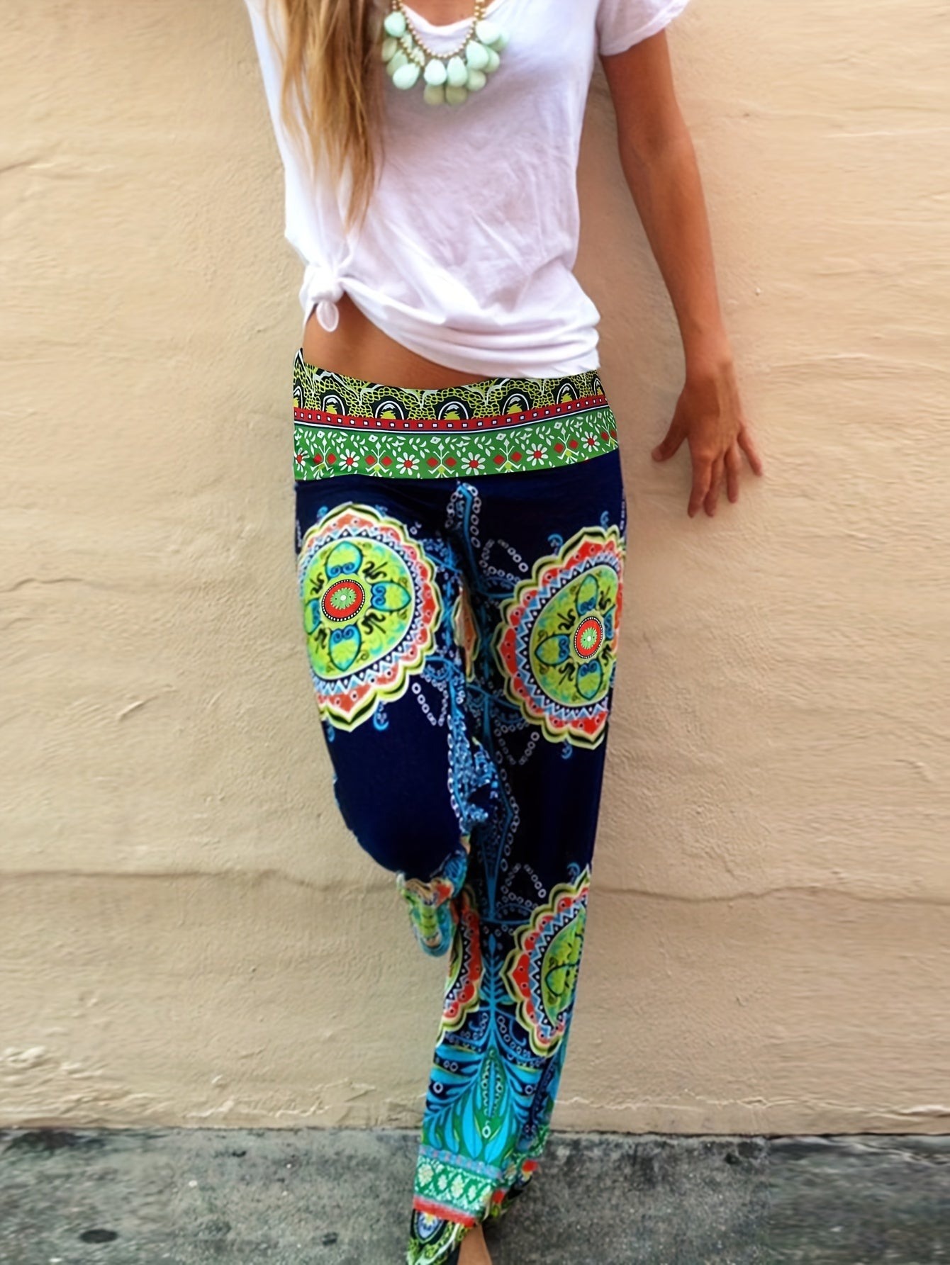 Floral Print Mid Waist Wide Leg Pants, Casual Beach Loose Summer Pants, Women's Clothing