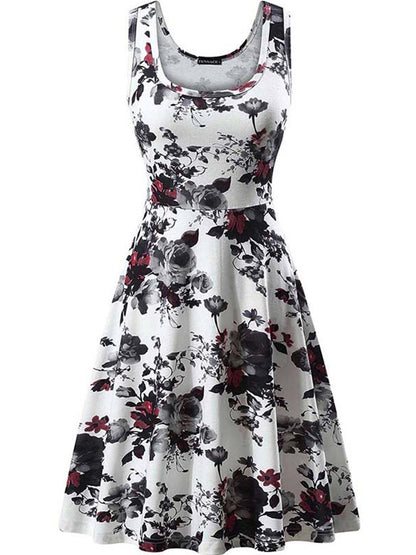 gbolsos  Floral Print Squared Neck Sleeveless Dress, Sexy High Waist Ruffled Hem Beach Dress, Women's Clothing