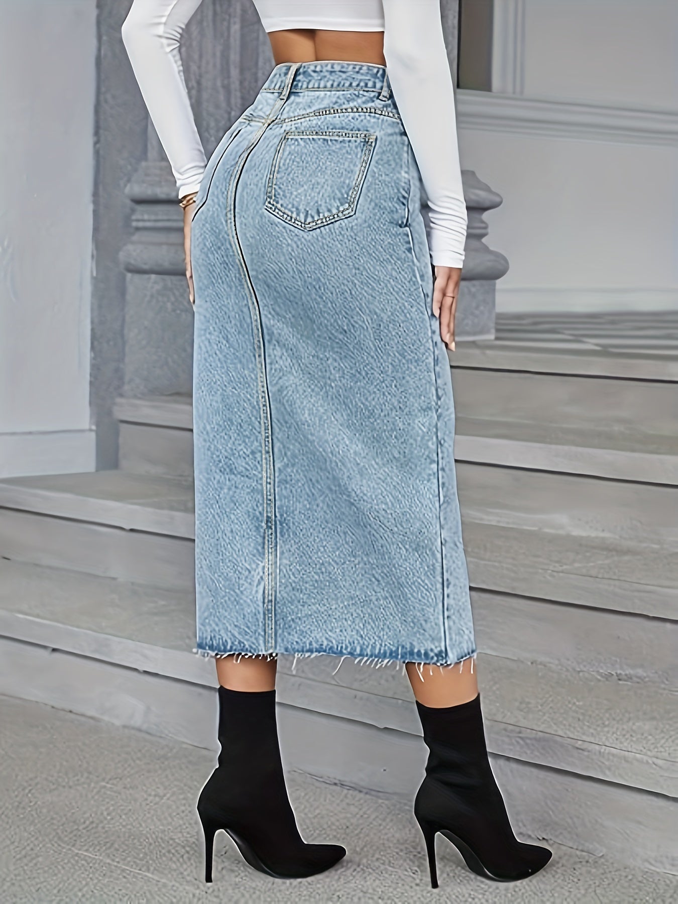 Blue Raw Cut Denim Skirt, Asymmetrical Waist Slant Pockets Washed Denim Midi Skirt, Women's Denim Clothing
