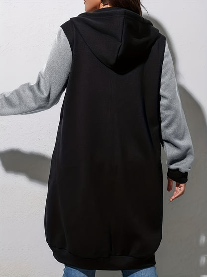 Plus Size Casual Coat, Women's Plus Colorblock Hoodie Drawstring Zipper Long Sleeve Longline Coat